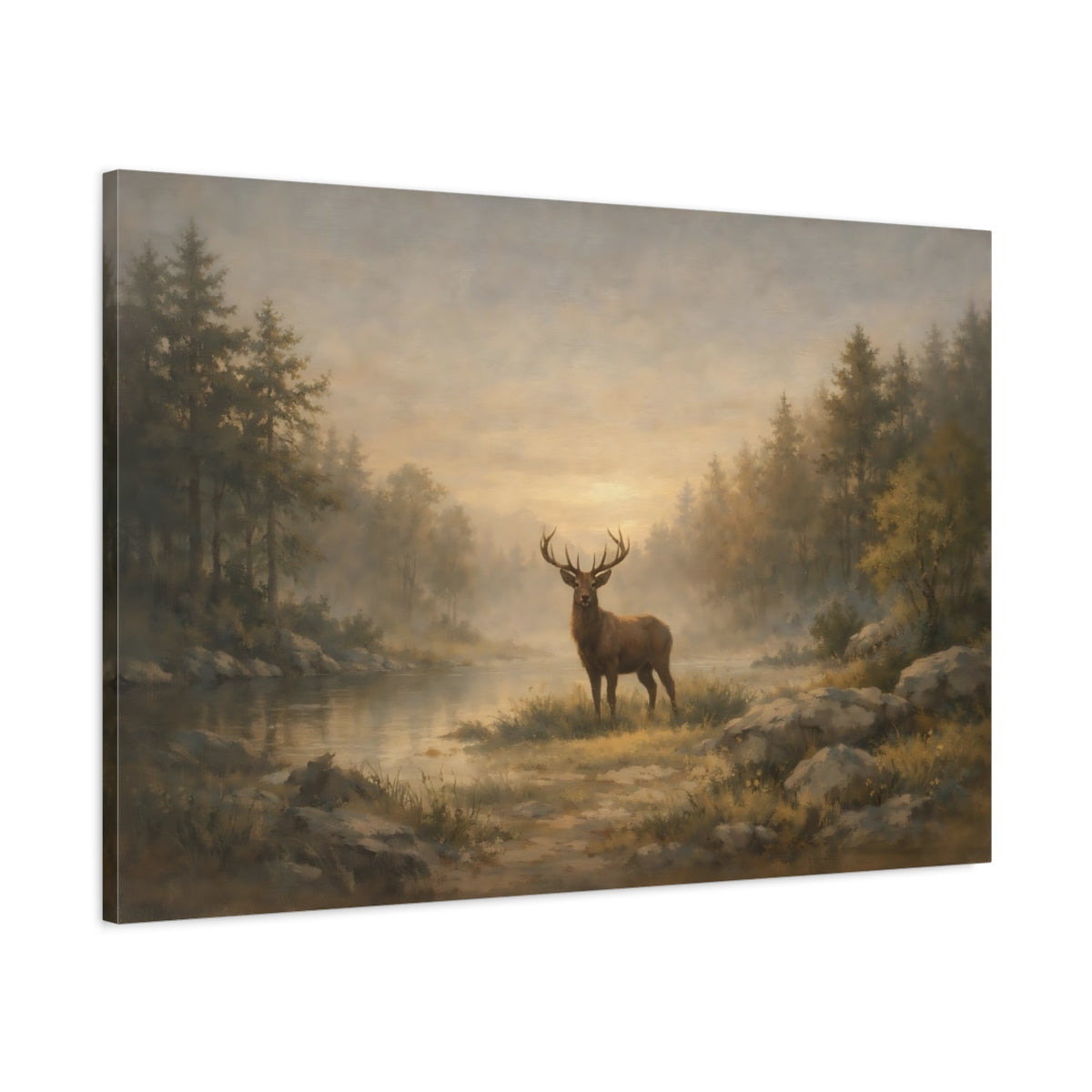 Side Mockup 1. Nature Stag Brown And Gold shown as stretched canvas wall art