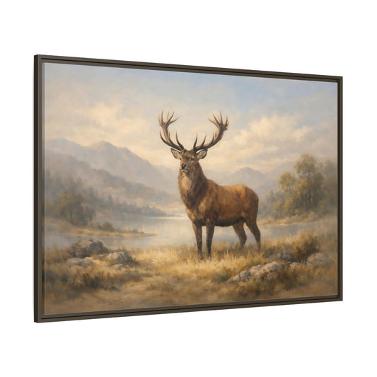 Main Mockup. Nature Stag Brown And Gold Landscape shown as stretched canvas wall art