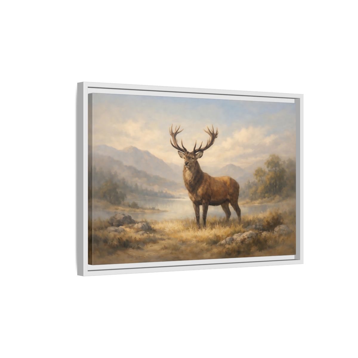 Side Mockup 1. Nature Stag Brown And Gold Landscape shown as stretched canvas wall art