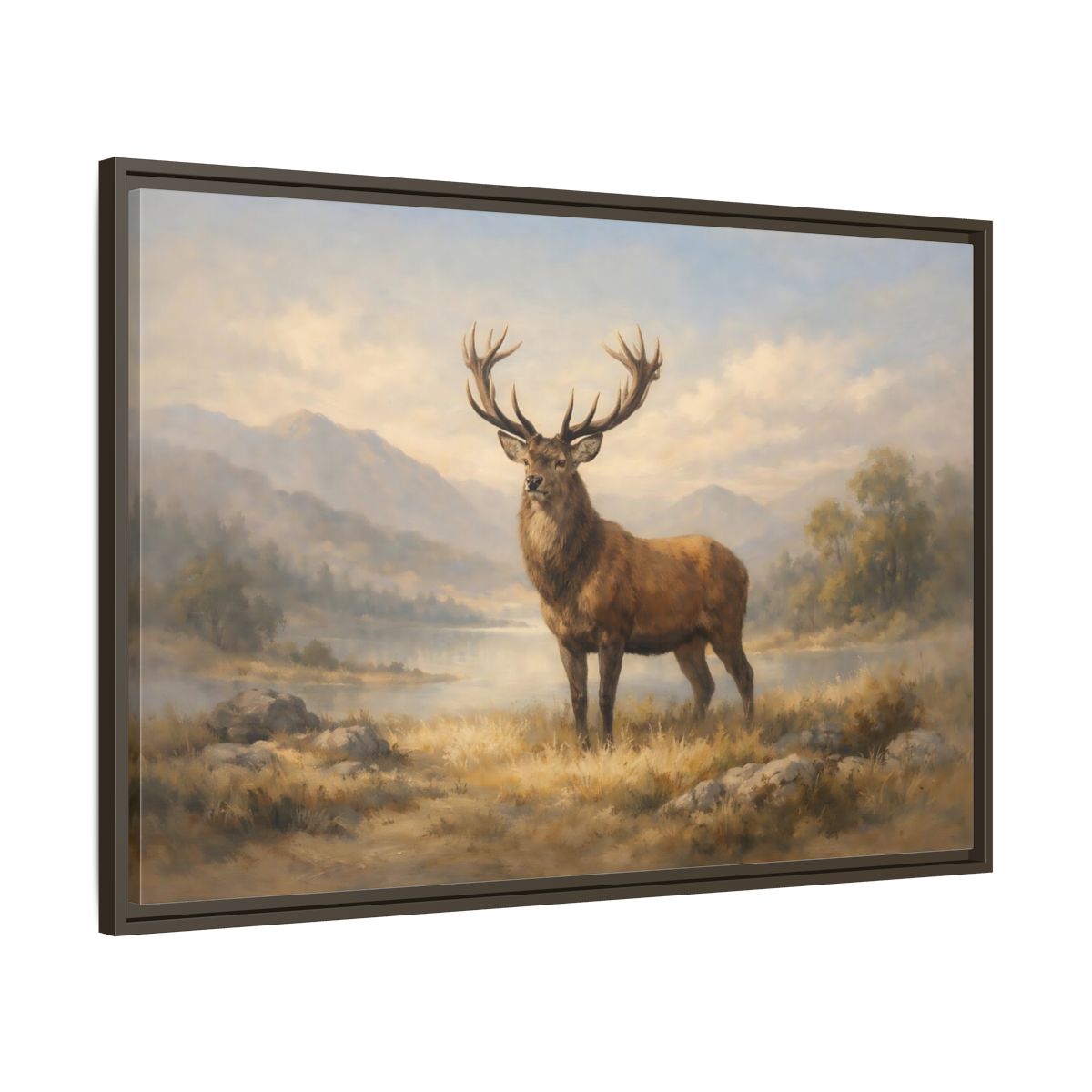 Side Mockup 9. Nature Stag Brown And Gold Landscape shown as stretched canvas wall art