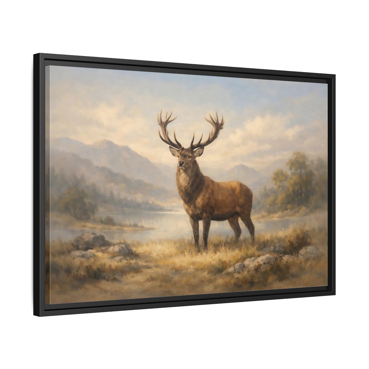 Side Mockup 14. Nature Stag Brown And Gold Landscape shown as stretched canvas wall art
