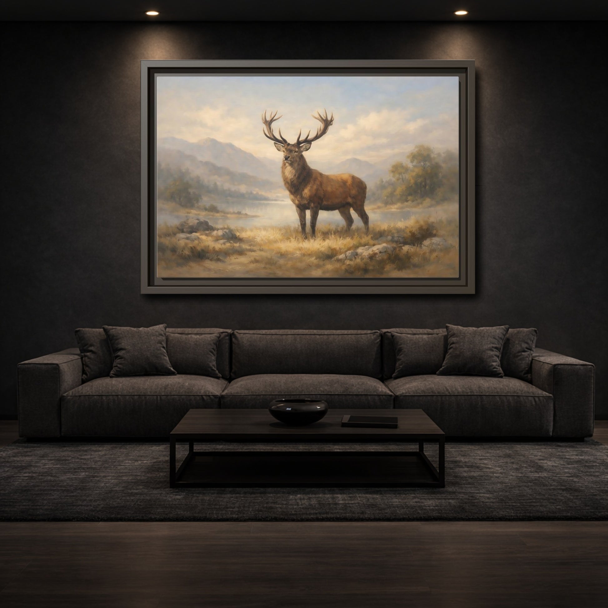 Mockup 2. Nature Stag Brown And Gold Landscape shown as stretched canvas wall art
