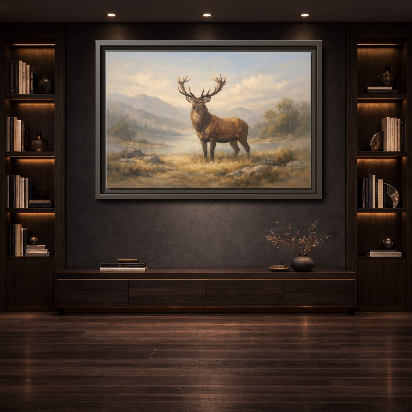 Mockup 3. Nature Stag Brown And Gold Landscape shown as stretched canvas wall art