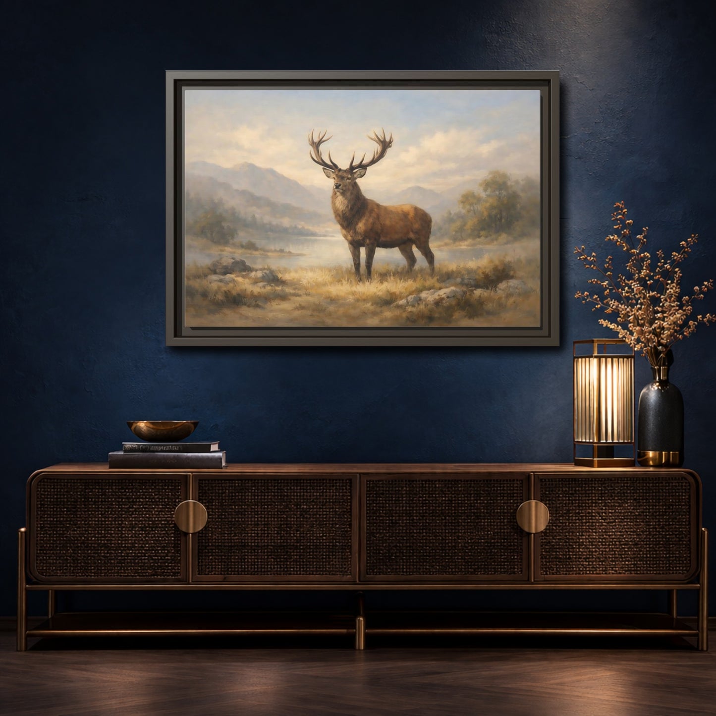 Mockup 4. Nature Stag Brown And Gold Landscape shown as stretched canvas wall art