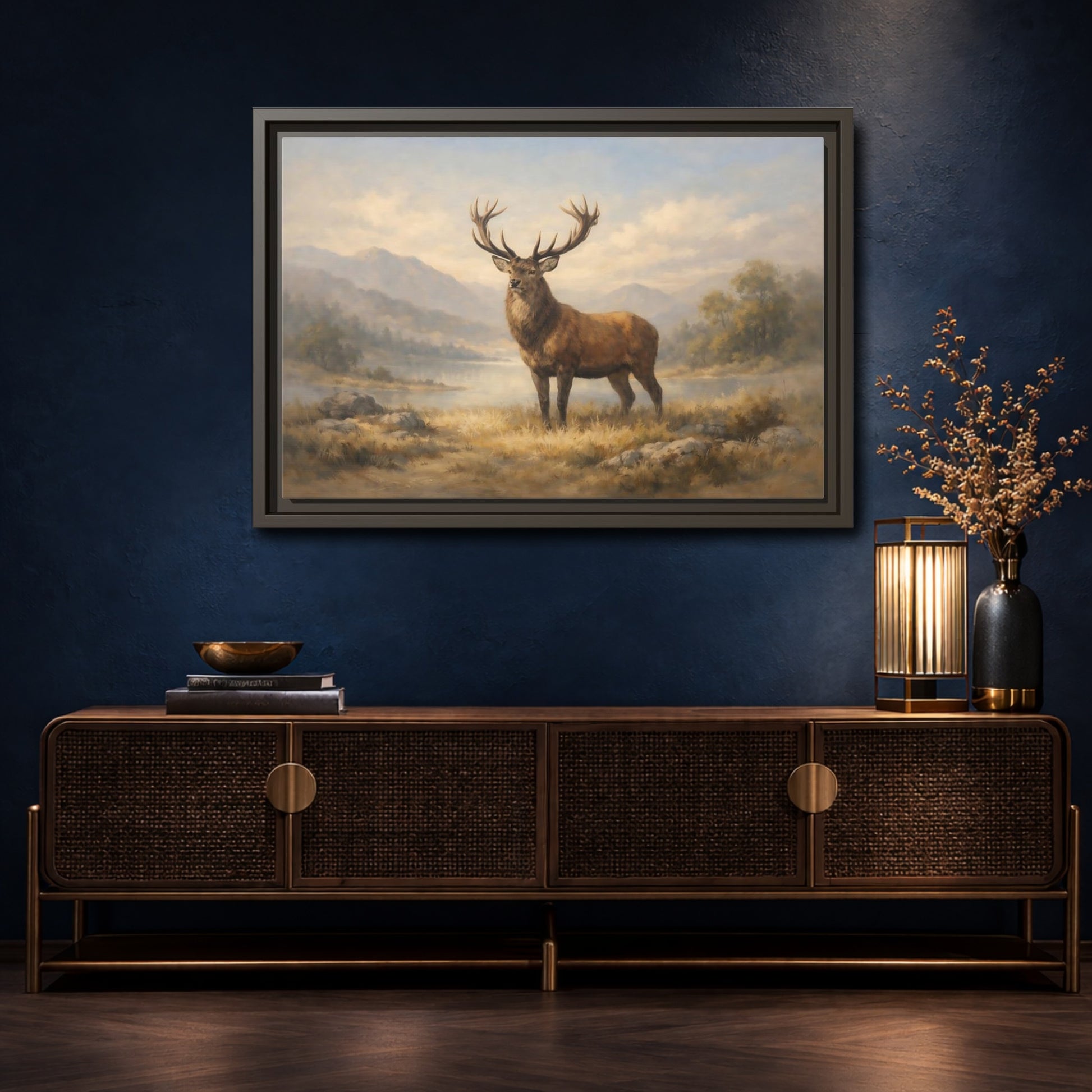 Mockup 4. Nature Stag Brown And Gold Landscape shown as stretched canvas wall art