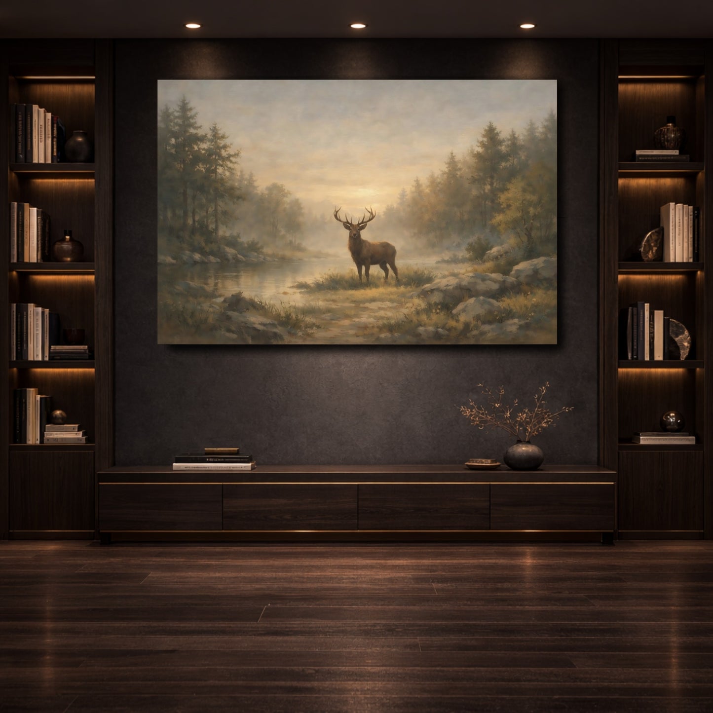 Mockup 3. Nature Stag Brown And Gold shown as stretched canvas wall art