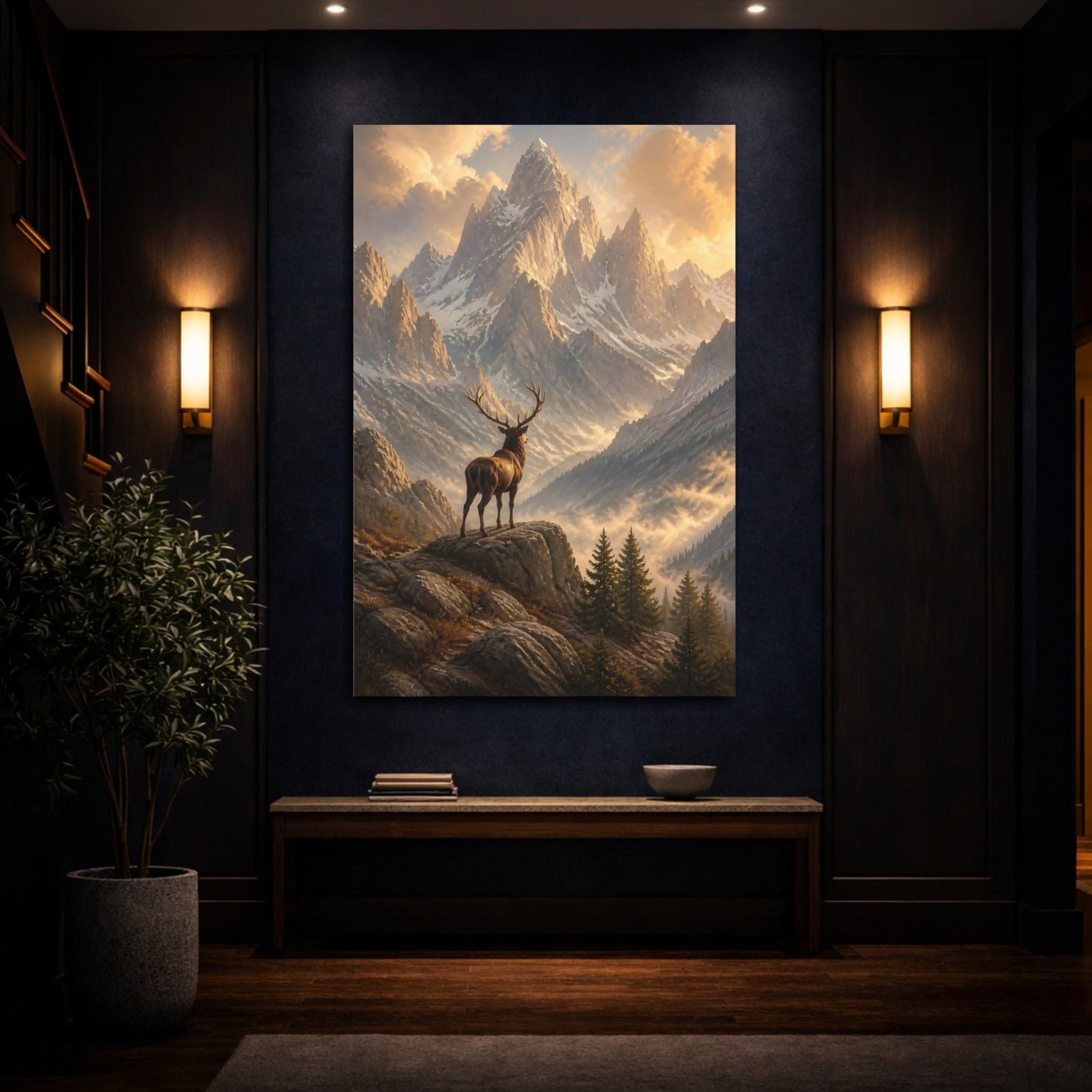 Nature Stag Golden Mountain Canvas Wall Art Print – Realistic Living Room, Above Console Table - YesArtYes