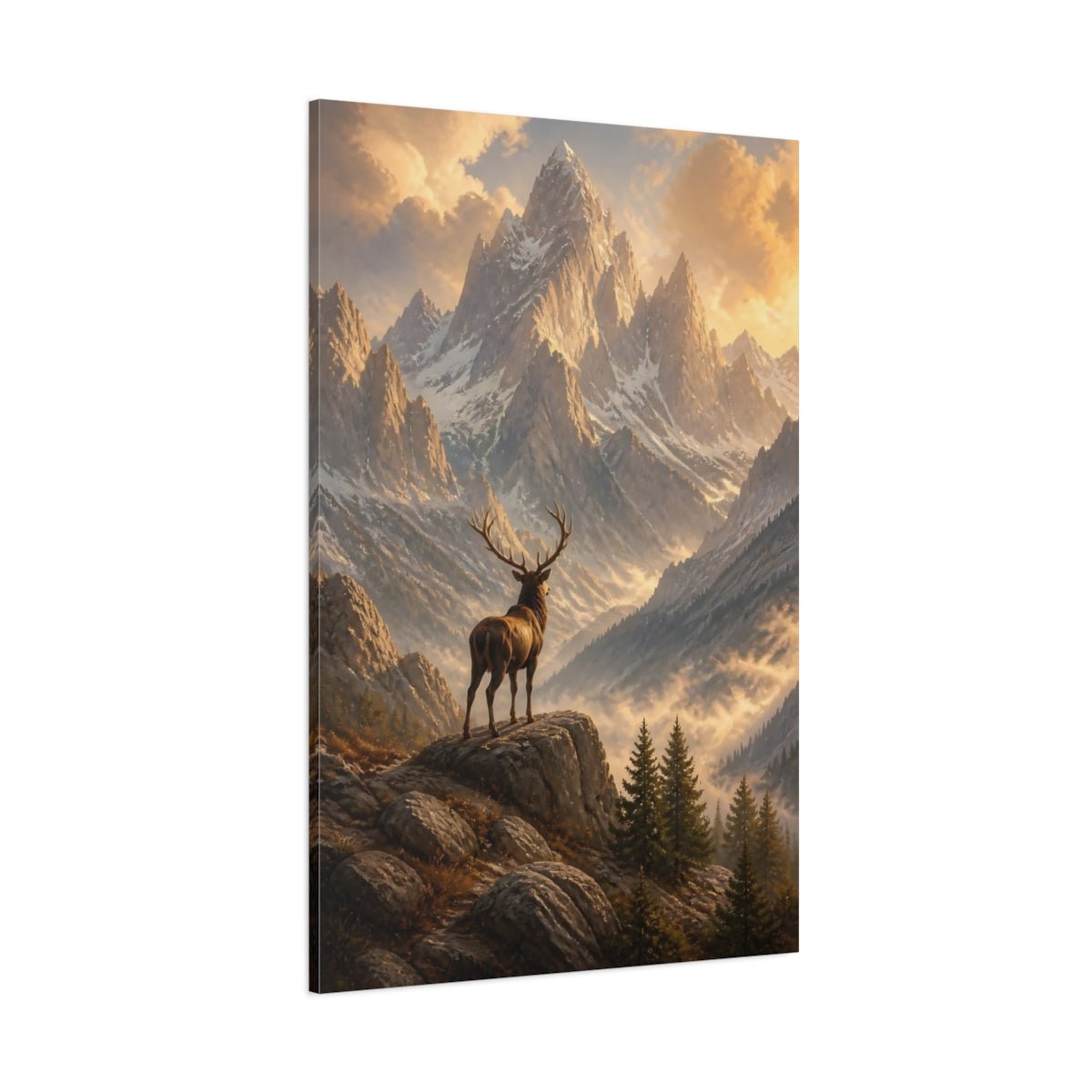 Nature Stag Golden Mountain Canvas Wall Art Print – Realistic Living Room, Above Console Table - YesArtYes