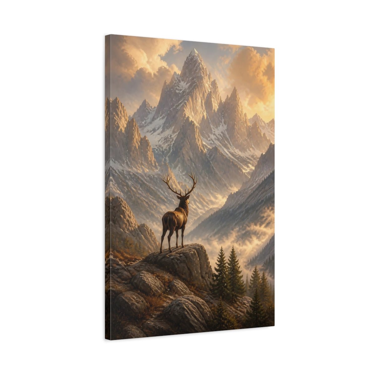 Nature Stag Golden Mountain Canvas Wall Art Print – Realistic Living Room, Above Console Table - YesArtYes
