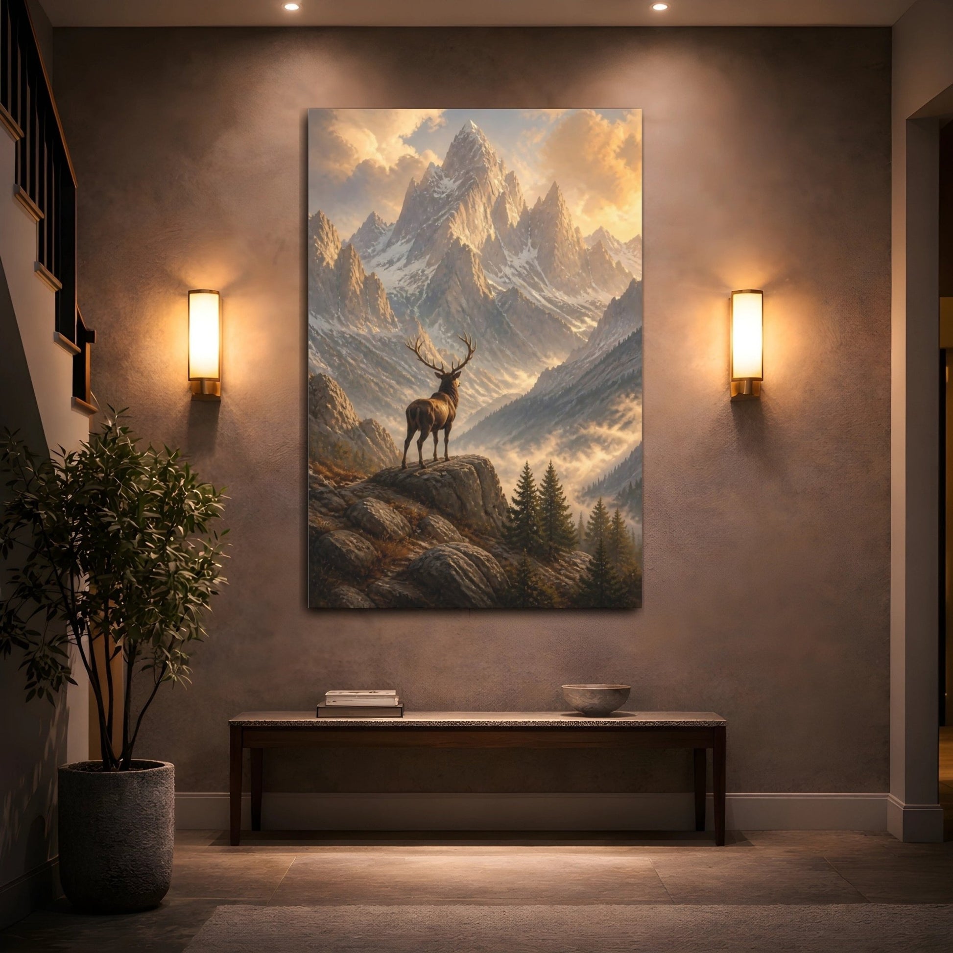 Nature Stag Golden Mountain Canvas Wall Art Print – Realistic Living Room, Above Console Table - YesArtYes