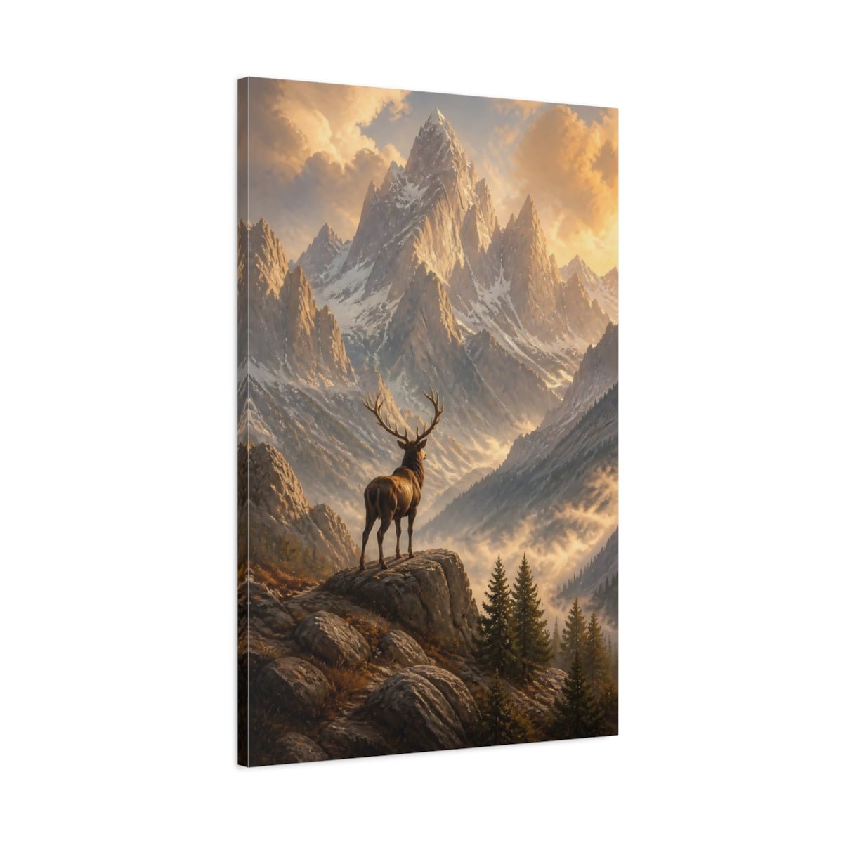 Nature Stag Golden Mountain Canvas Wall Art Print – Realistic Living Room, Above Console Table - YesArtYes