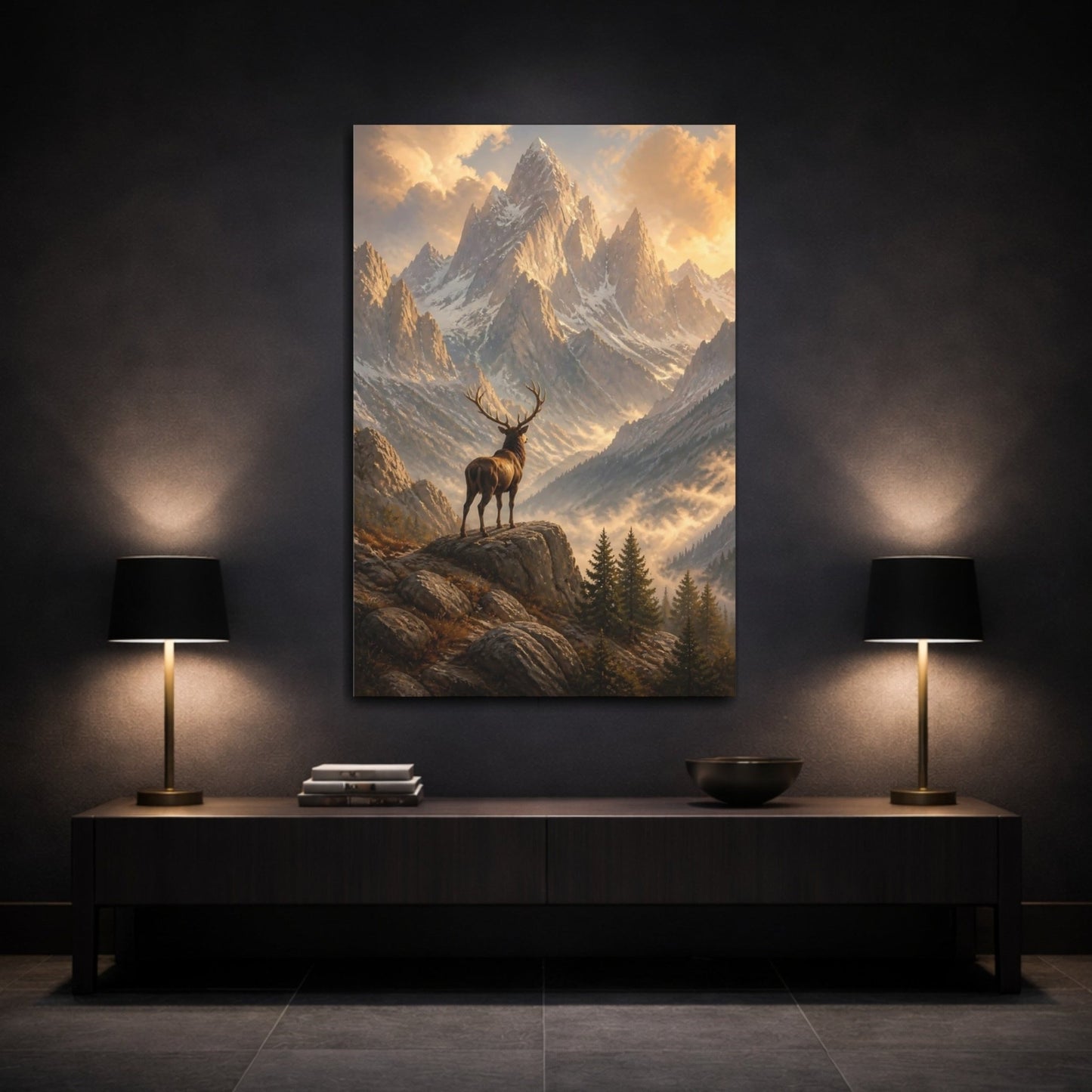 Nature Stag Golden Mountain Canvas Wall Art Print – Realistic Living Room, Above Console Table - YesArtYes