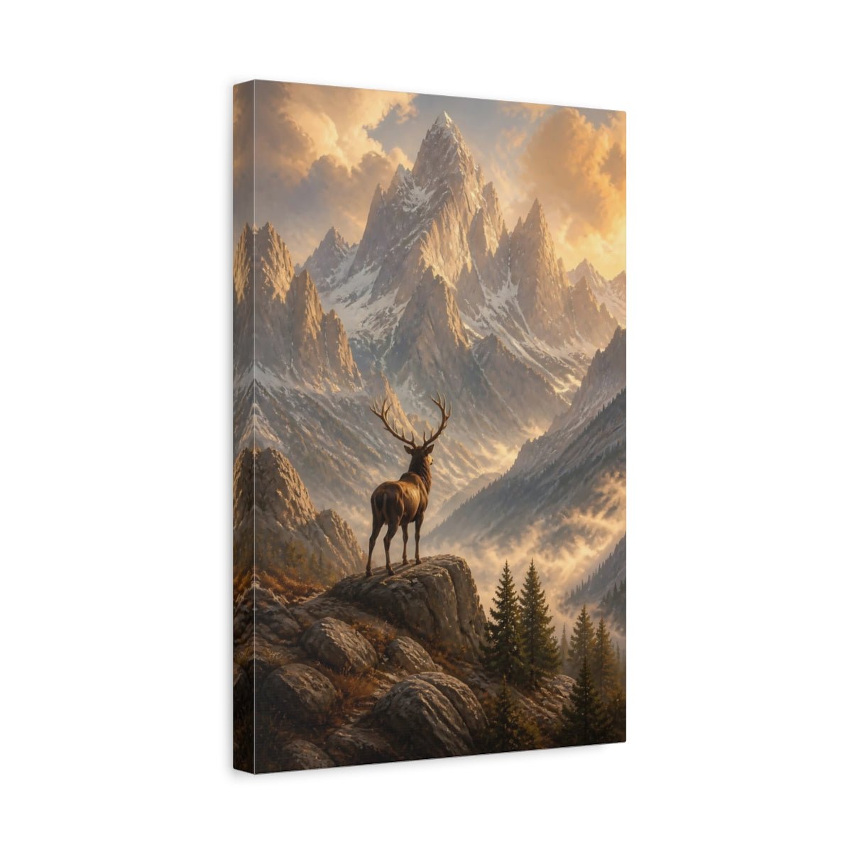 Nature Stag Golden Mountain Canvas Wall Art Print – Realistic Living Room, Above Console Table - YesArtYes