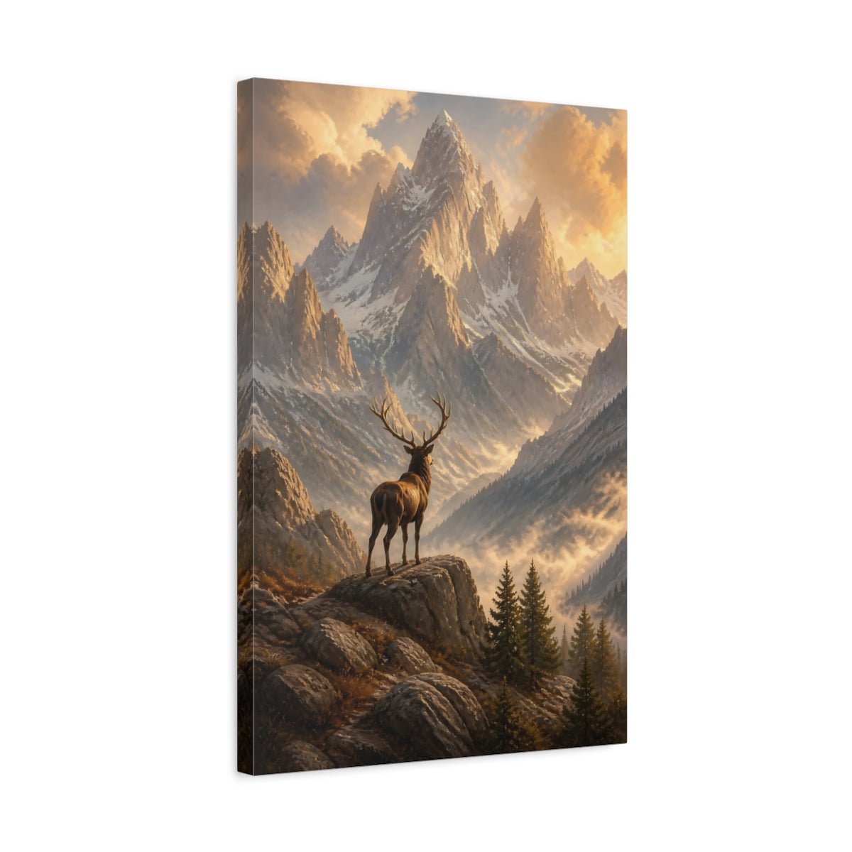 Nature Stag Golden Mountain Canvas Wall Art Print – Realistic Living Room, Above Console Table - YesArtYes