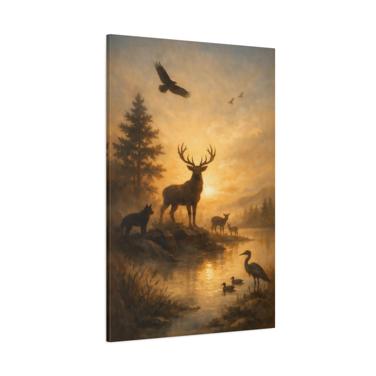 Main Mockup. Nature Stag Golden Wildlife Scene shown as stretched canvas wall art
