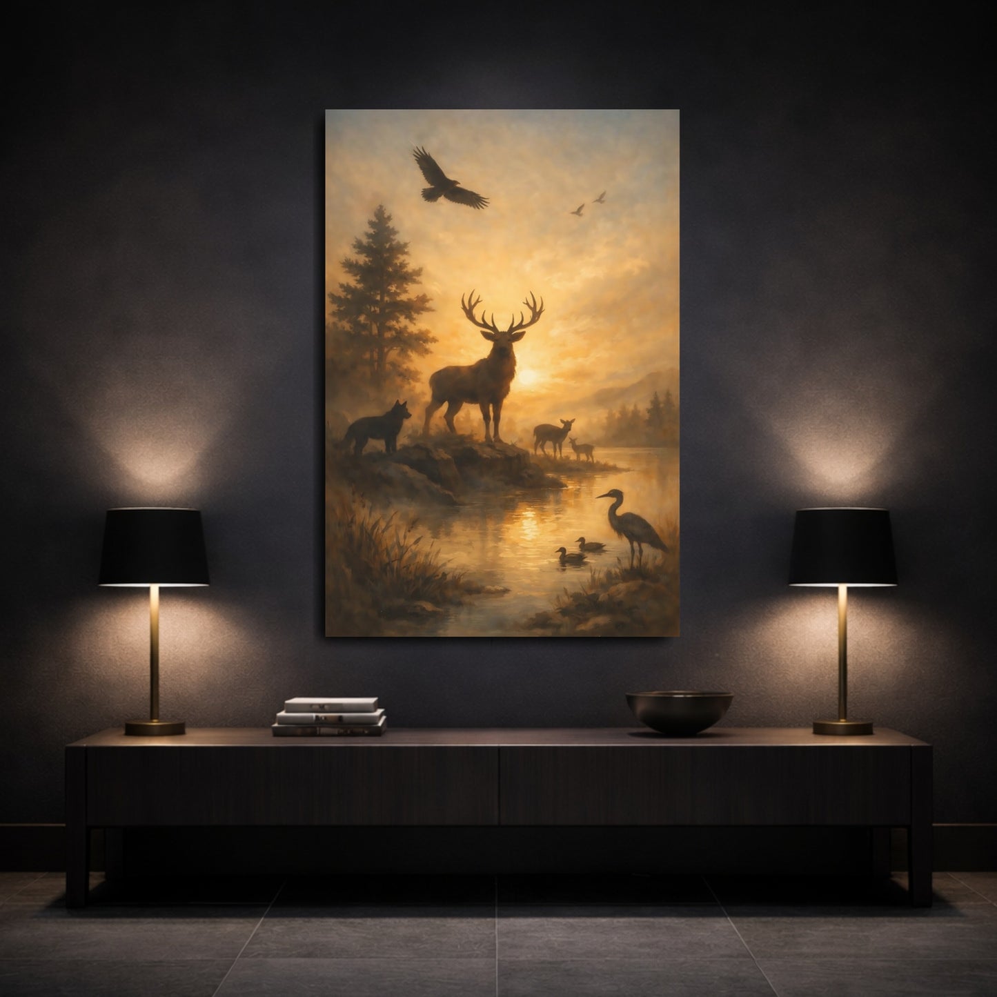 Mockup 2. Nature Stag Golden Wildlife Scene shown as stretched canvas wall art