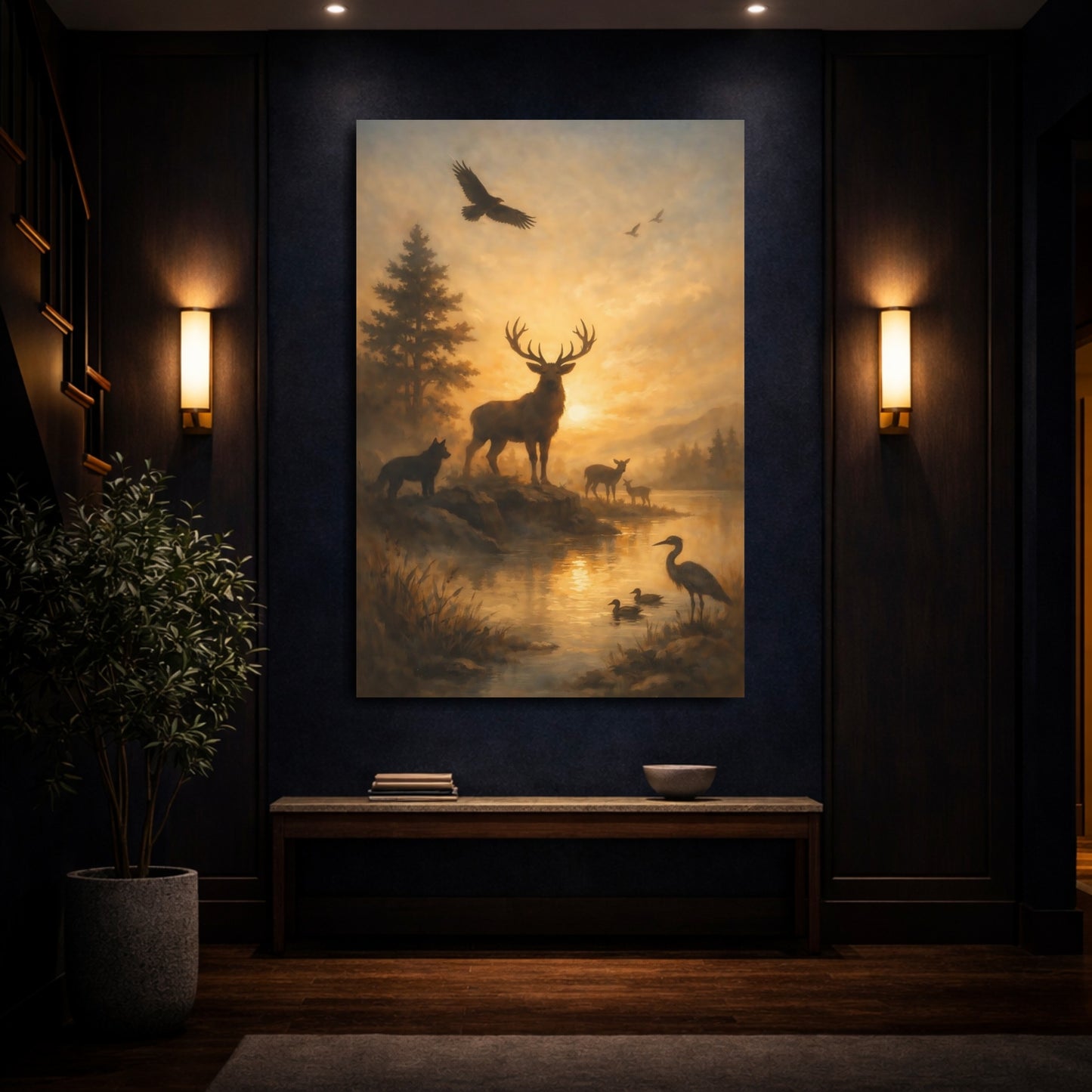 Mockup 3. Nature Stag Golden Wildlife Scene shown as stretched canvas wall art