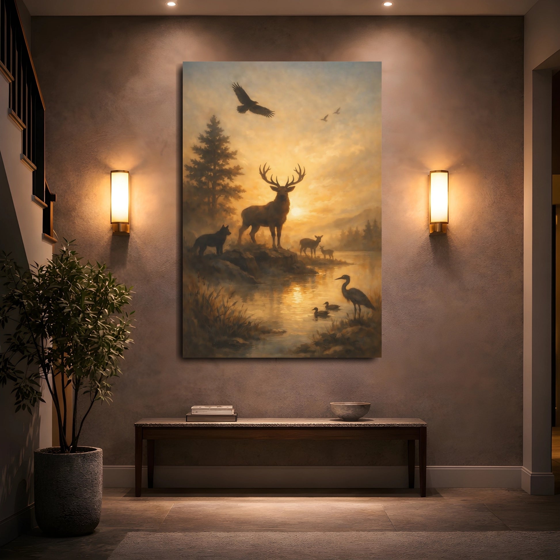 Mockup 4. Nature Stag Golden Wildlife Scene shown as stretched canvas wall art