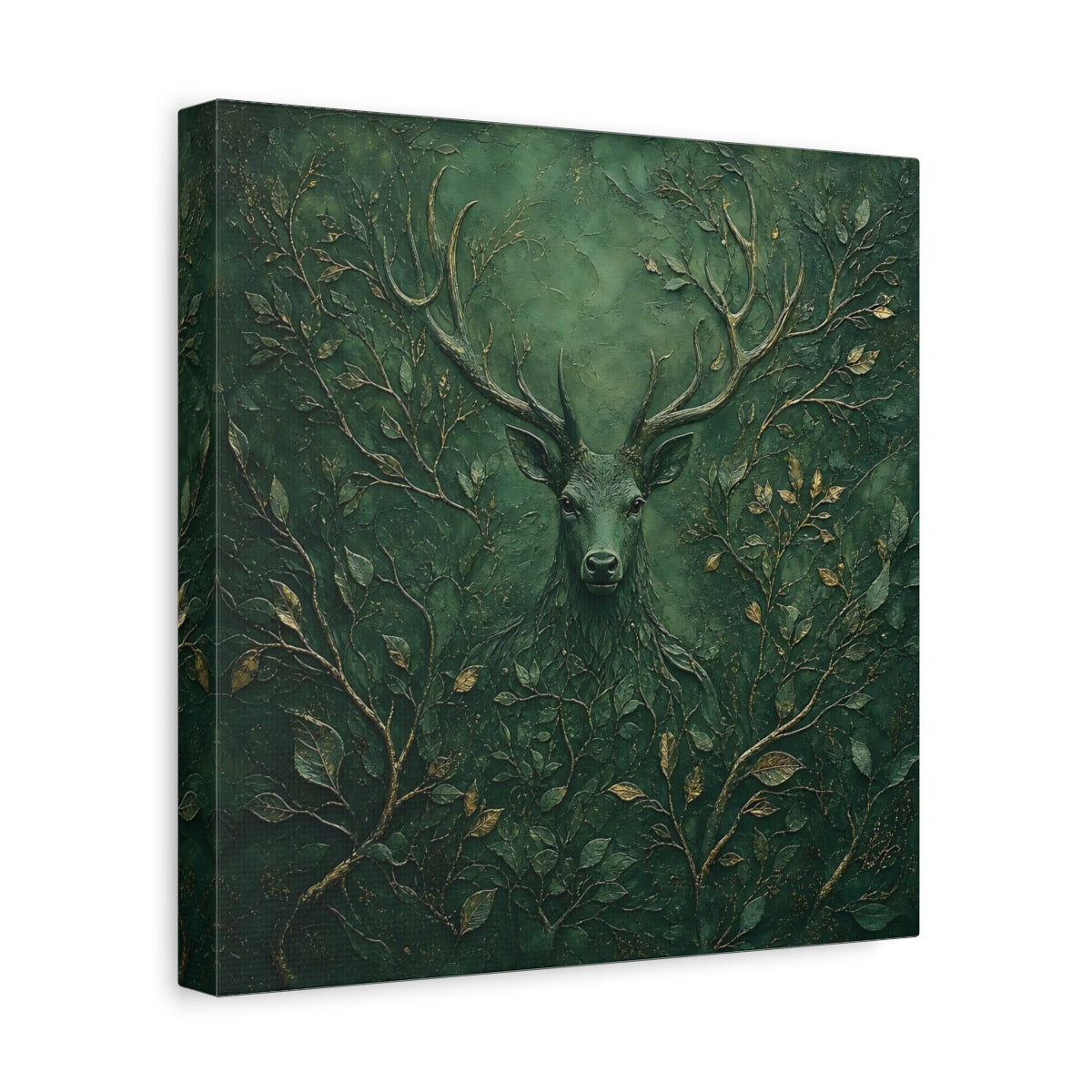 Side Mockup 8. Nature Stag Green Stag Art shown as stretched canvas wall art