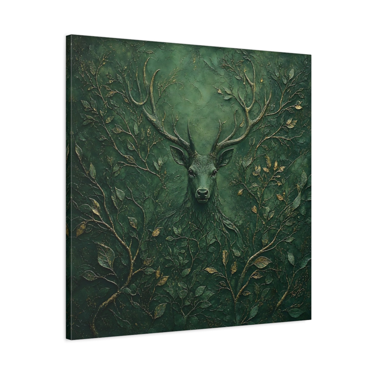 Side Mockup 3. Nature Stag Green Stag Art shown as stretched canvas wall art