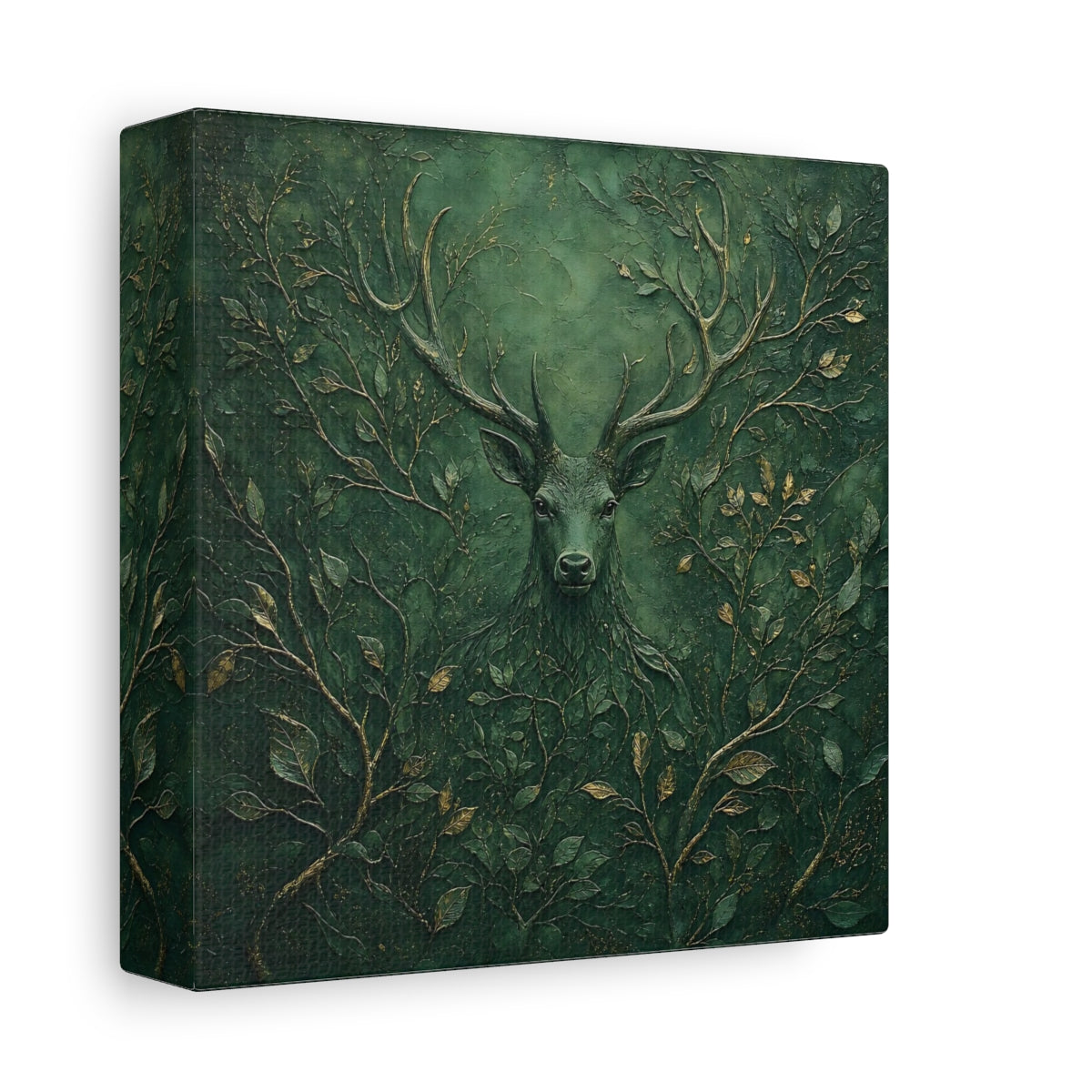 Side Mockup 2. Nature Stag Green Stag Art shown as stretched canvas wall art