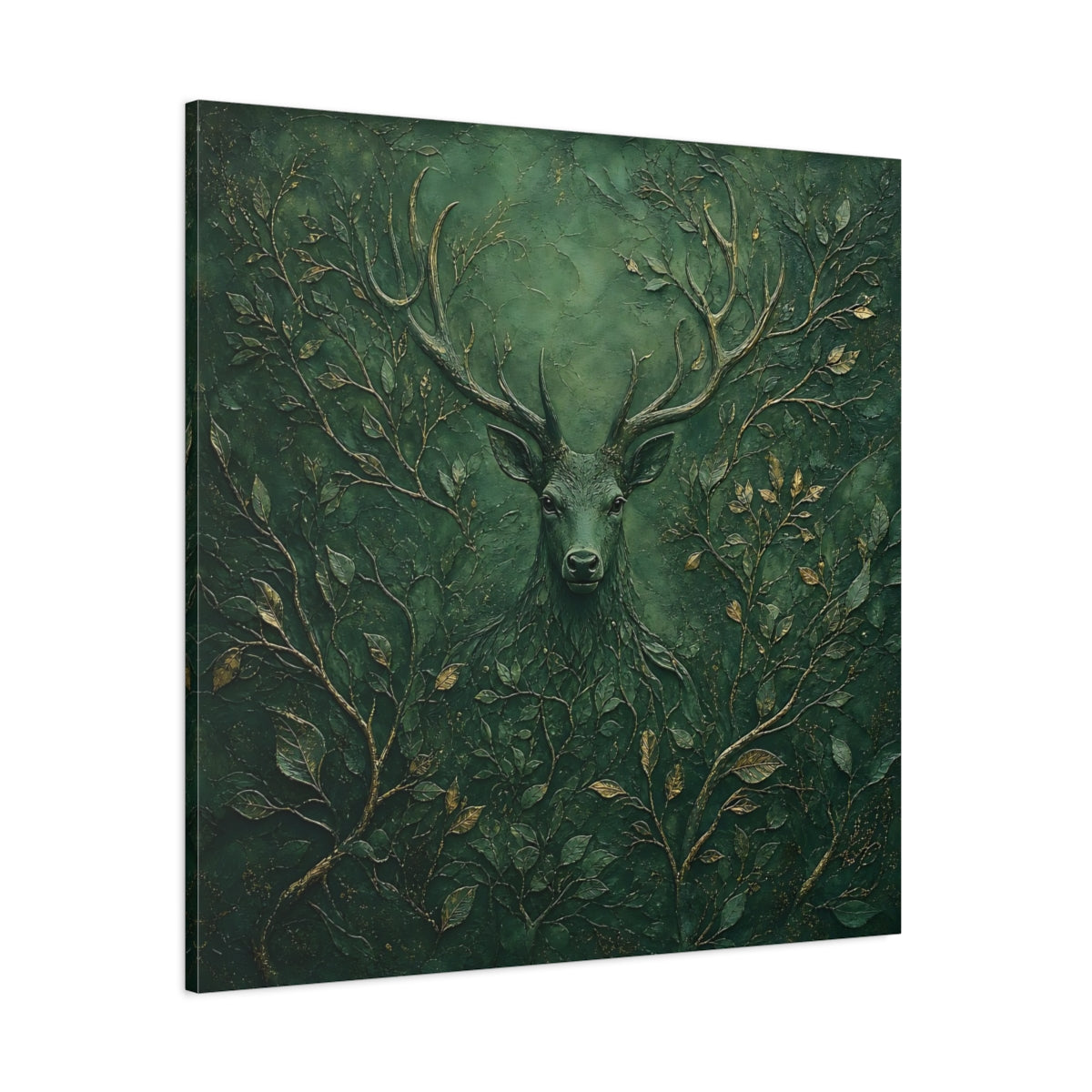 Side Mockup 1. Nature Stag Green Stag Art shown as stretched canvas wall art