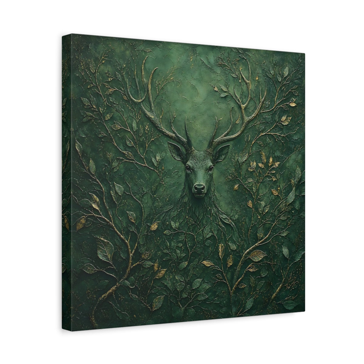 Side Mockup 6. Nature Stag Green Stag Art shown as stretched canvas wall art
