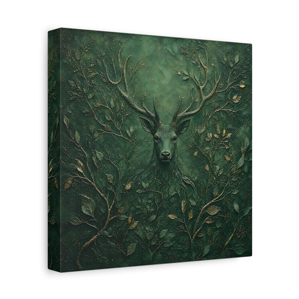 Side Mockup 9. Nature Stag Green Stag Art shown as stretched canvas wall art