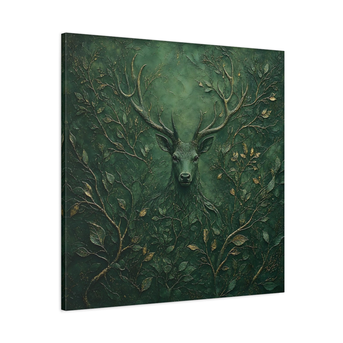 Main Mockup. Nature Stag Green Stag Art shown as stretched canvas wall art