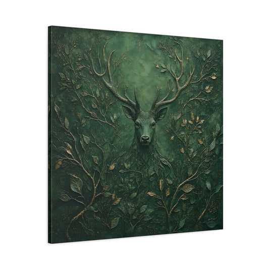 Main Mockup. Nature Stag Green Stag Art shown as stretched canvas wall art