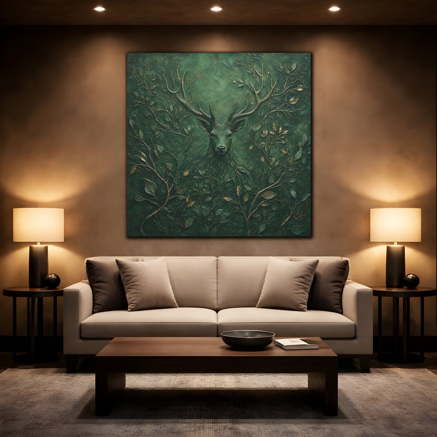 Mockup 2. Nature Stag Green Stag Art shown as stretched canvas wall art