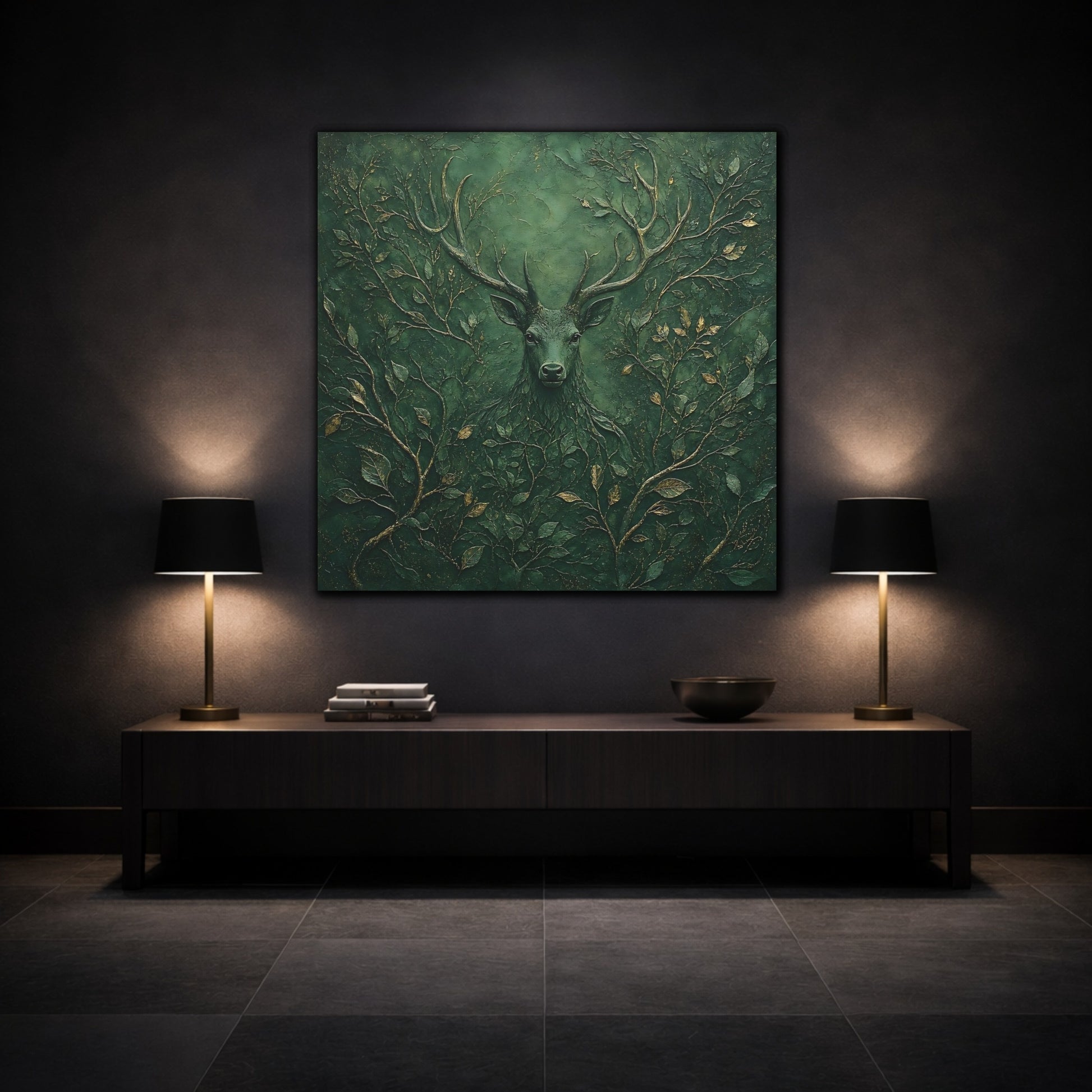 Mockup 3. Nature Stag Green Stag Art shown as stretched canvas wall art