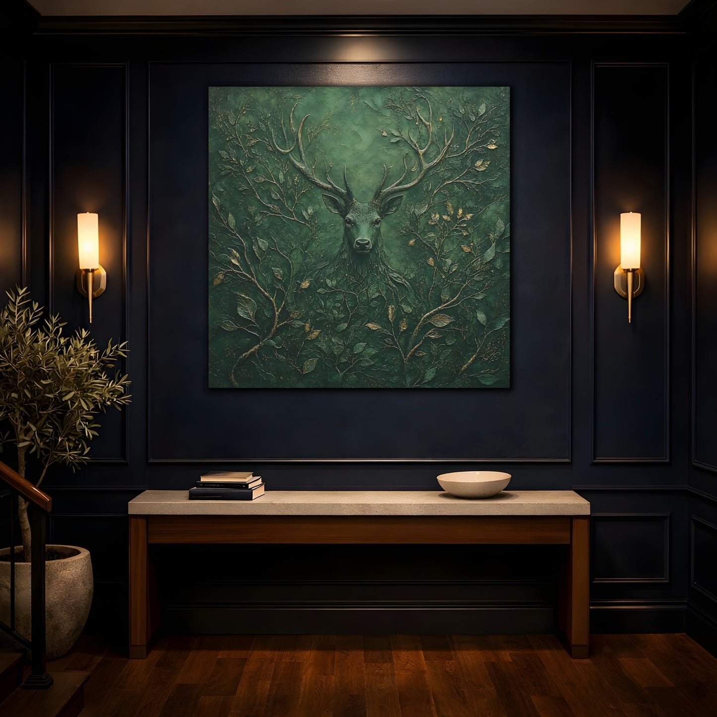 Mockup 4. Nature Stag Green Stag Art shown as stretched canvas wall art