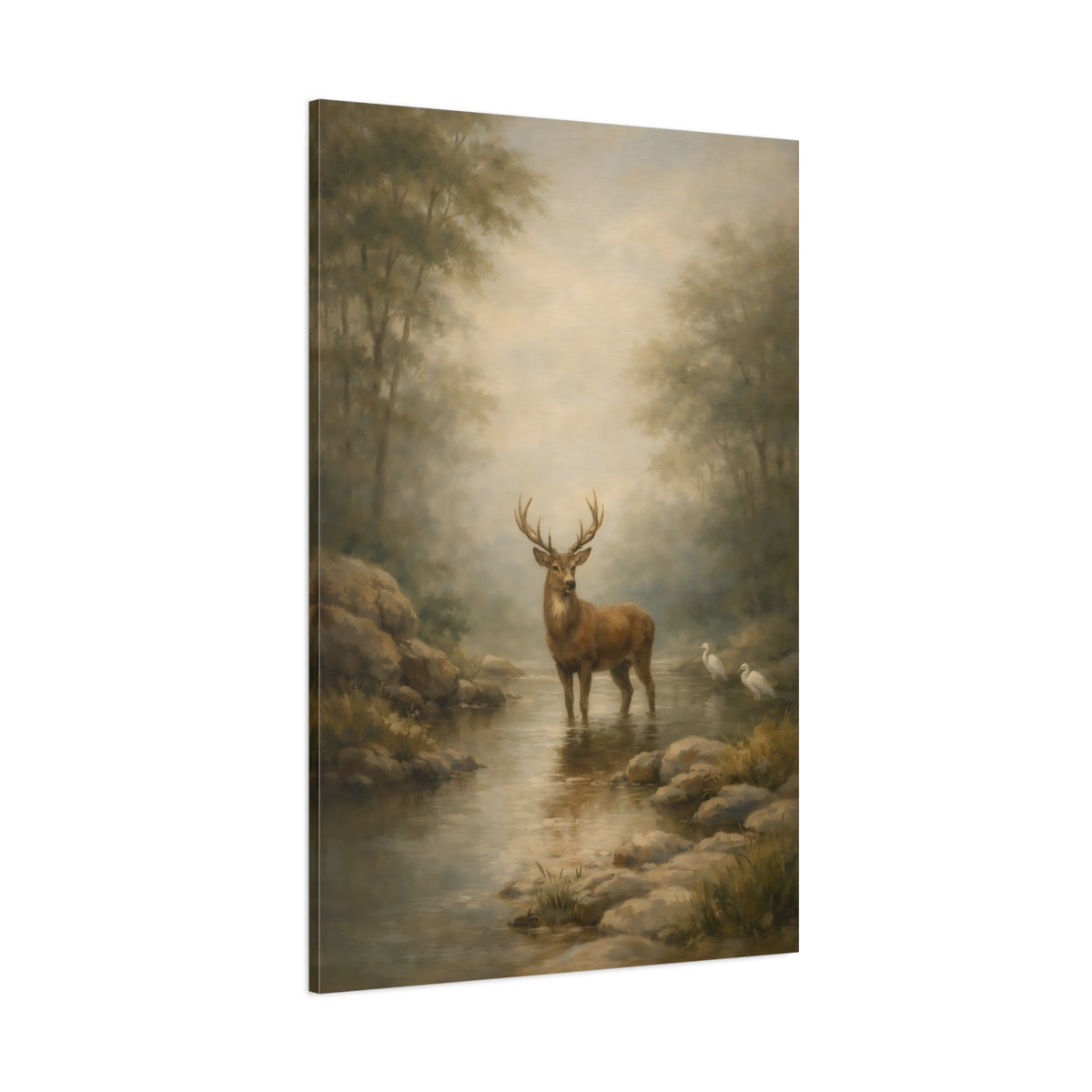 Main Mockup. Nature Stag Misty Forest Deer shown as stretched canvas wall art