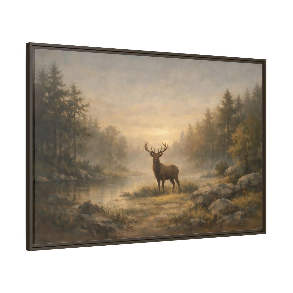 Main Mockup. Nature Stag Misty Forest Deer shown as stretched canvas wall art