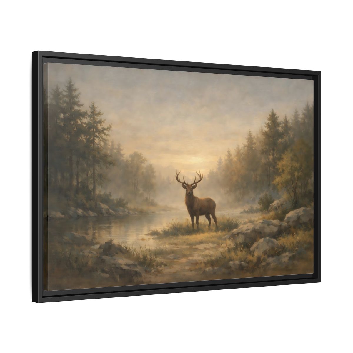 Side Mockup 14. Nature Stag Misty Forest Deer shown as stretched canvas wall art