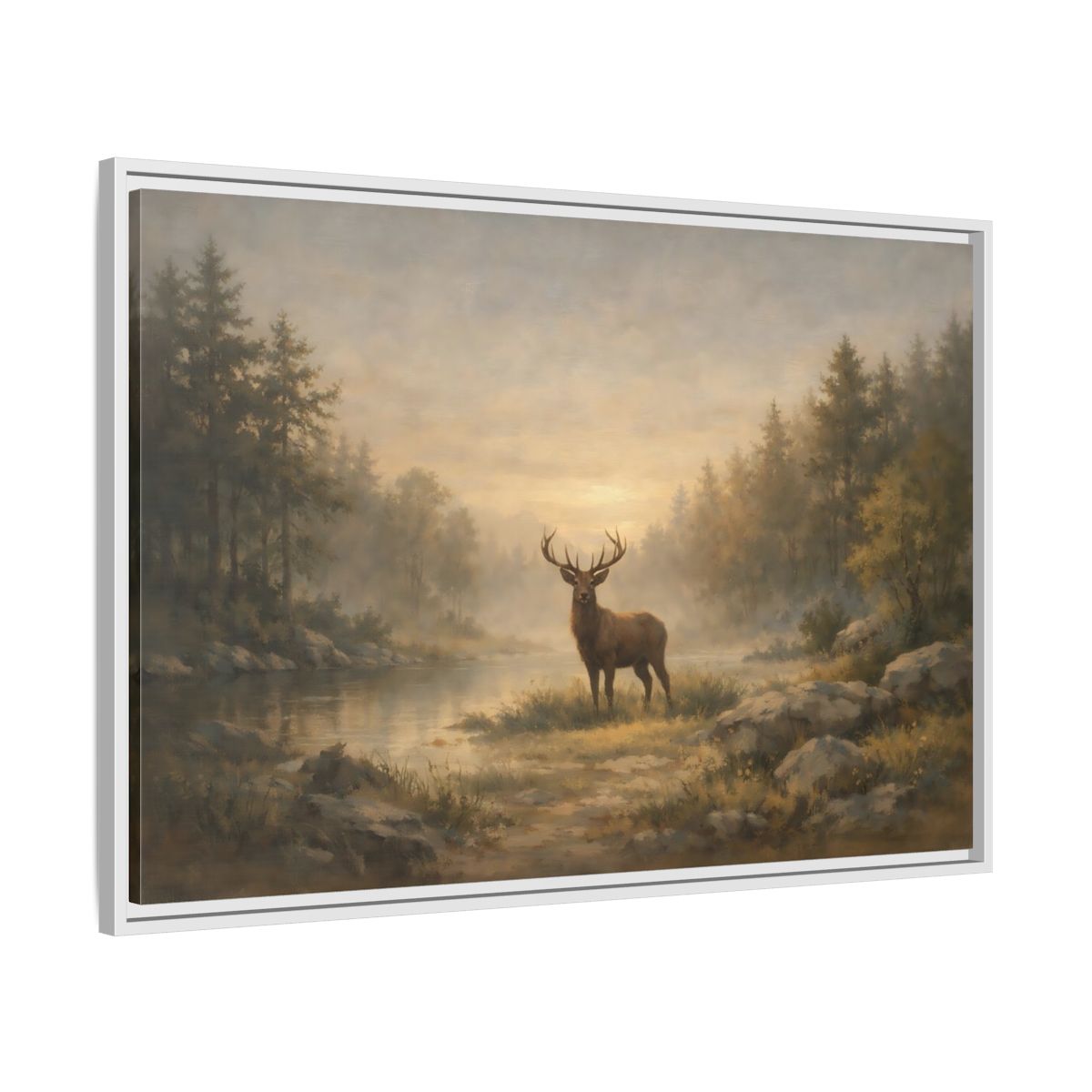 Side Mockup 8. Nature Stag Misty Forest Deer shown as stretched canvas wall art