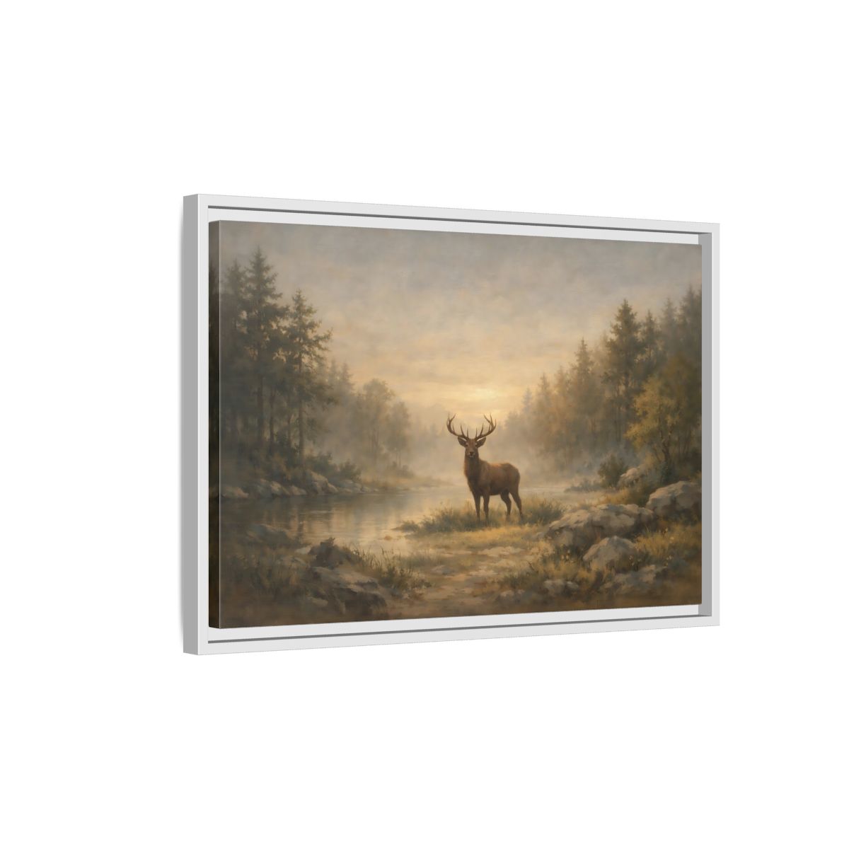 Side Mockup 1. Nature Stag Misty Forest Deer shown as stretched canvas wall art
