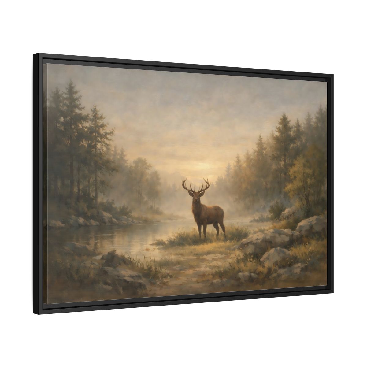 Side Mockup 13. Nature Stag Misty Forest Deer shown as stretched canvas wall art