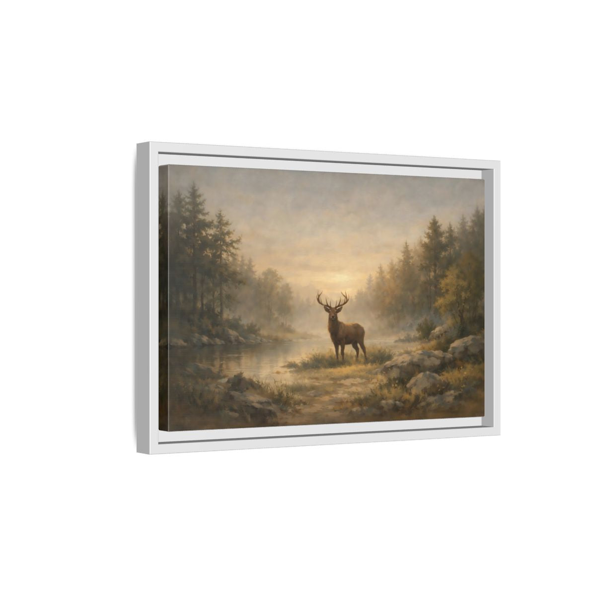 Side Mockup 4. Nature Stag Misty Forest Deer shown as stretched canvas wall art
