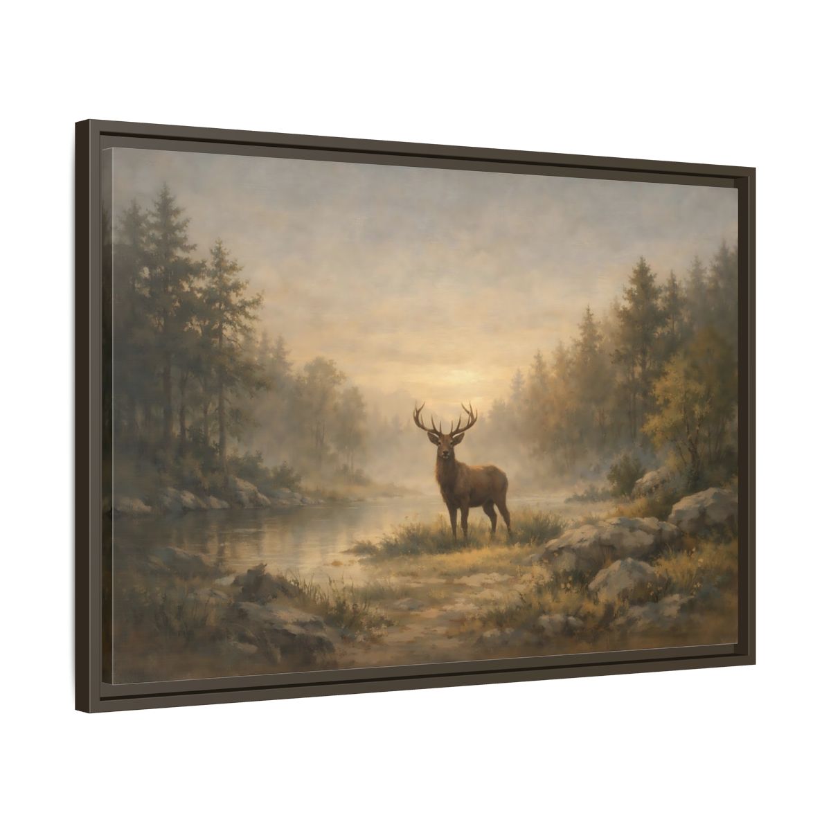 Side Mockup 11. Nature Stag Misty Forest Deer shown as stretched canvas wall art