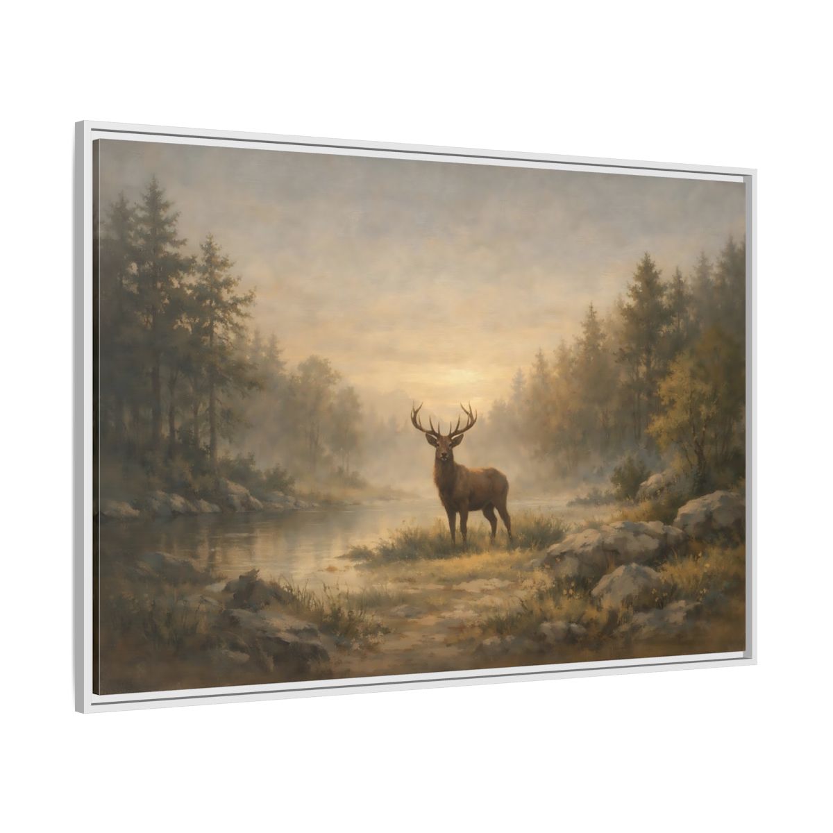 Side Mockup 7. Nature Stag Misty Forest Deer shown as stretched canvas wall art
