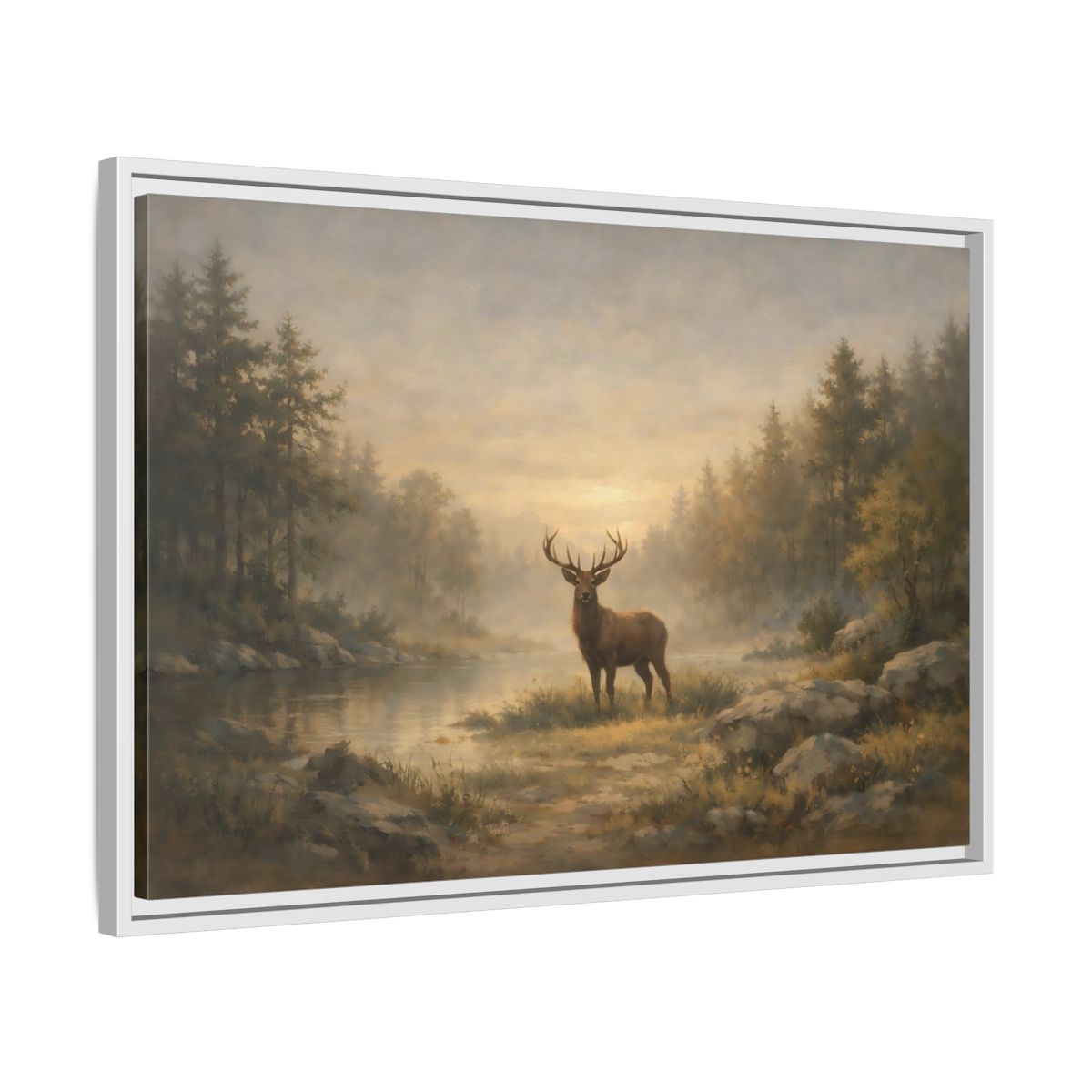 Side Mockup 10. Nature Stag Misty Forest Deer shown as stretched canvas wall art