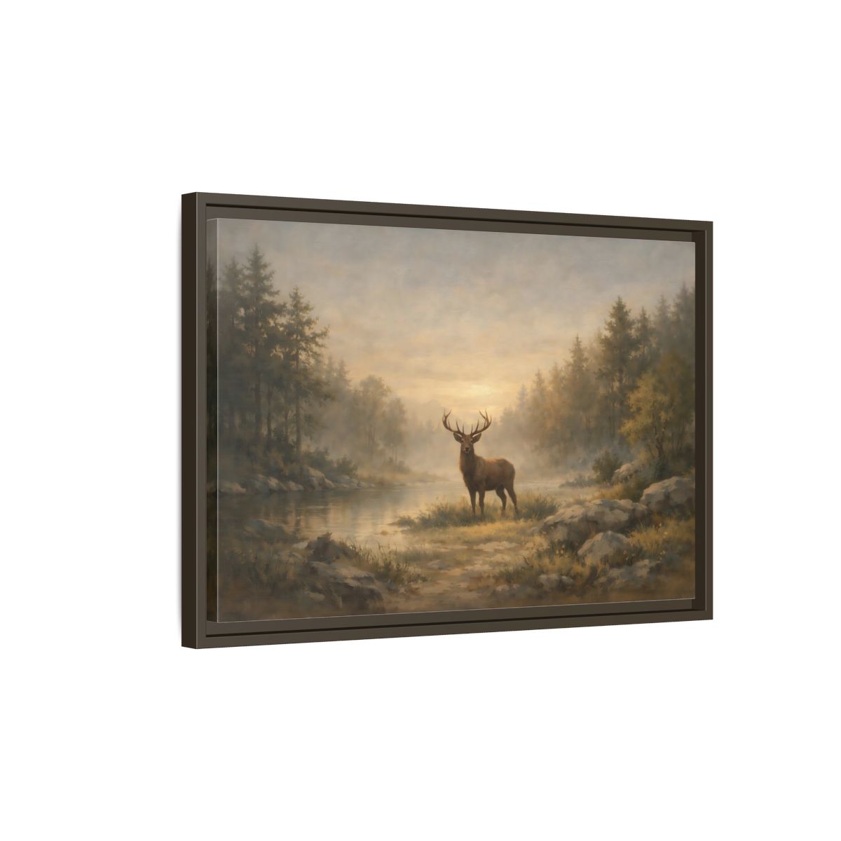 Side Mockup 2. Nature Stag Misty Forest Deer shown as stretched canvas wall art
