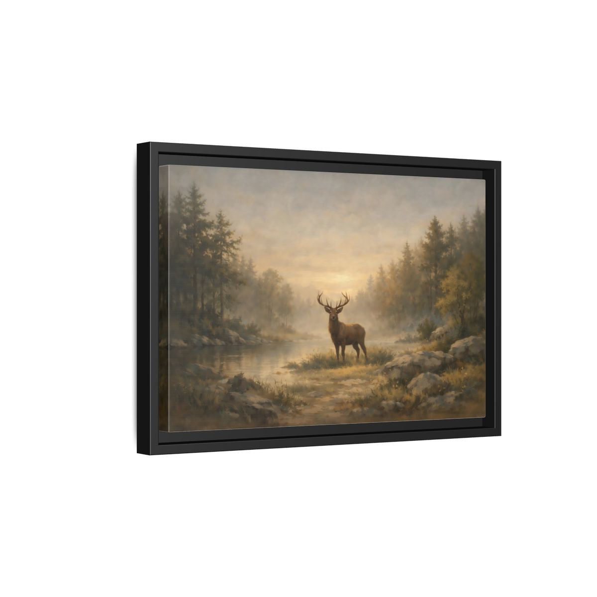 Side Mockup 6. Nature Stag Misty Forest Deer shown as stretched canvas wall art