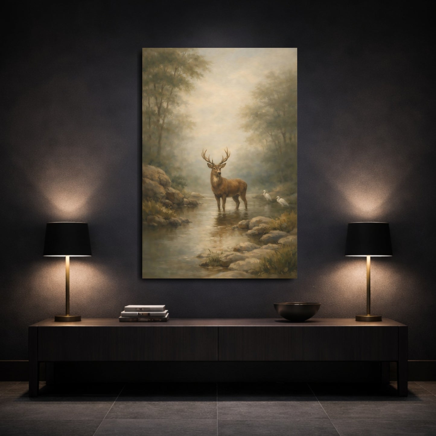 Mockup 2. Nature Stag Misty Forest Deer shown as stretched canvas wall art