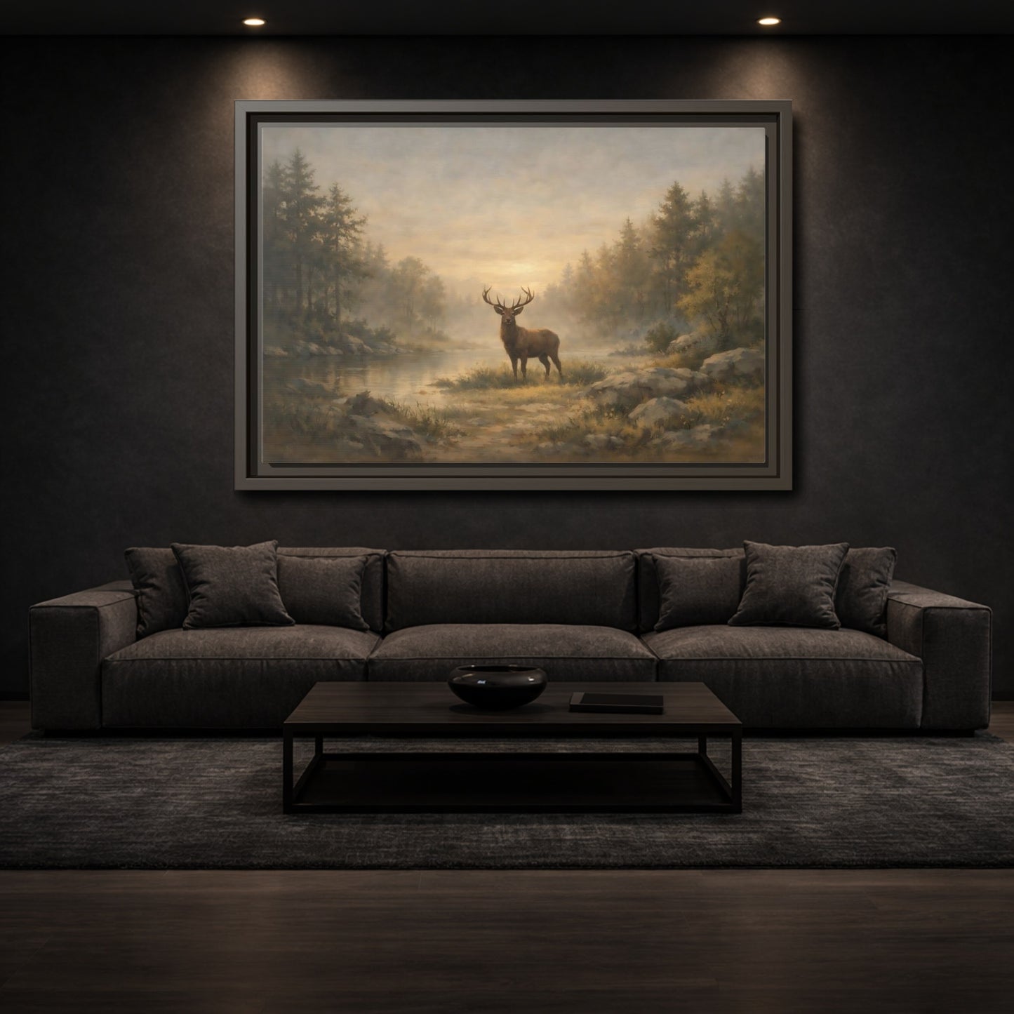 Mockup 2. Nature Stag Misty Forest Deer shown as stretched canvas wall art