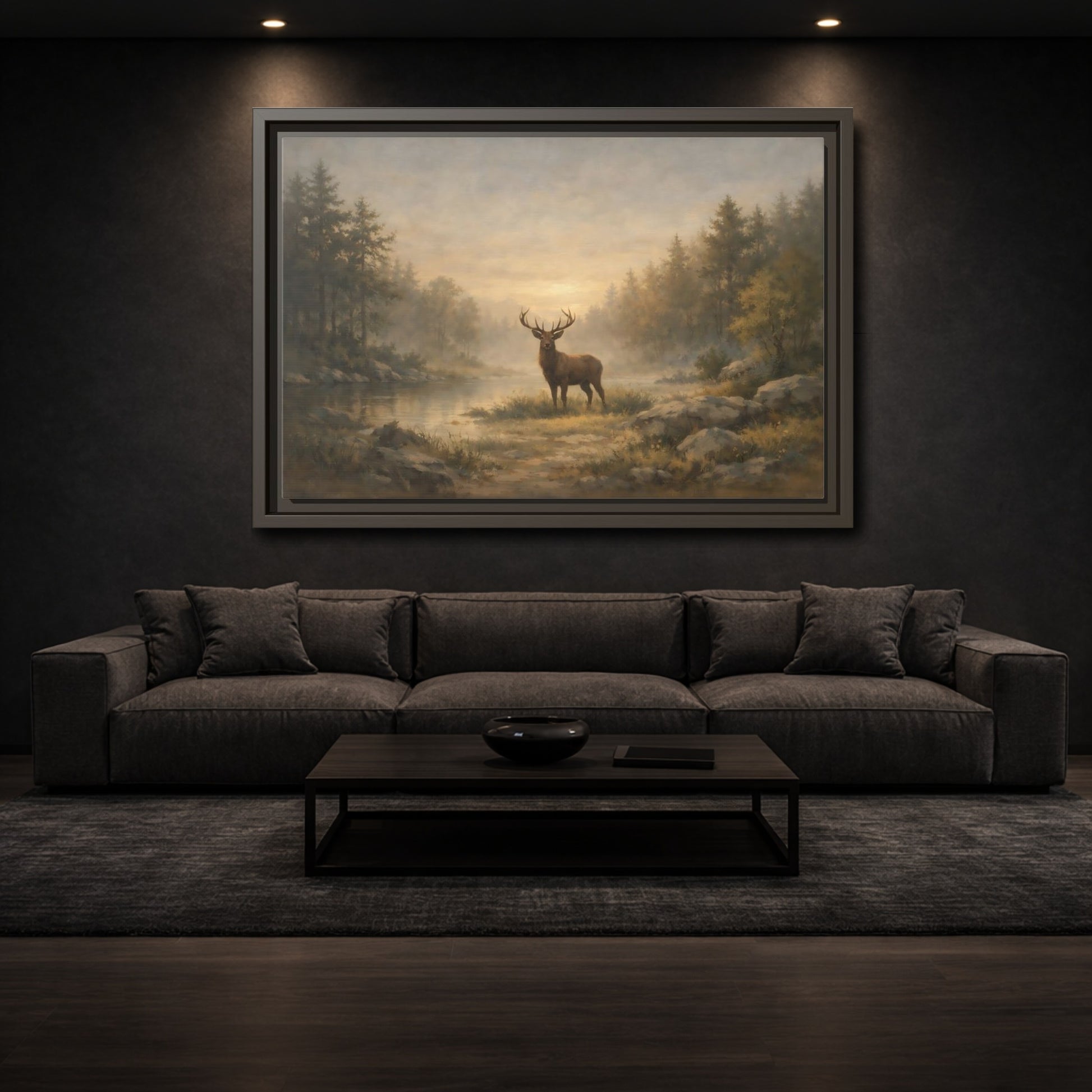 Mockup 2. Nature Stag Misty Forest Deer shown as stretched canvas wall art