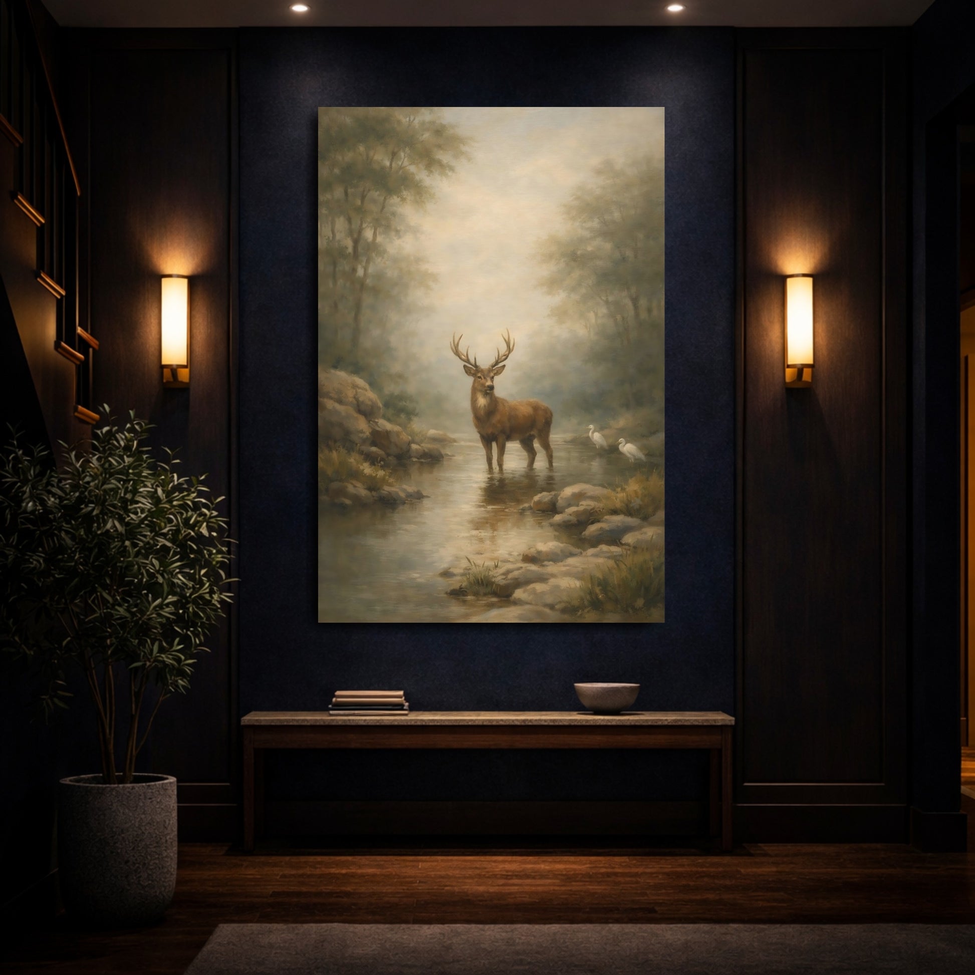 Mockup 3. Nature Stag Misty Forest Deer shown as stretched canvas wall art