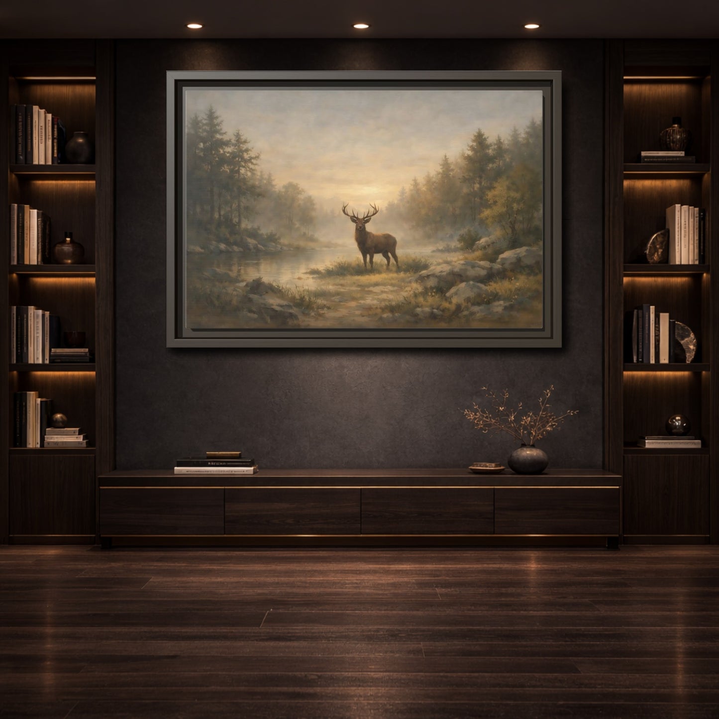 Mockup 3. Nature Stag Misty Forest Deer shown as stretched canvas wall art